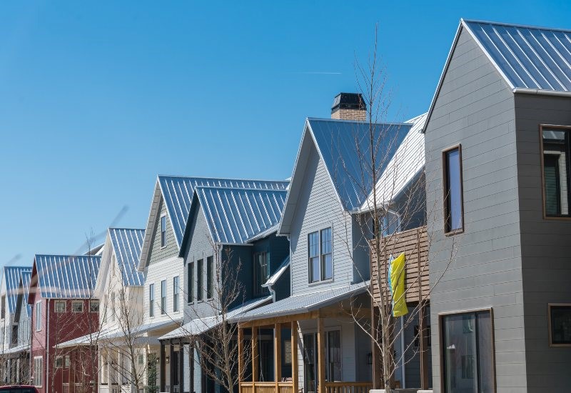Gable roofs made of metal on new construction homes in southern New England